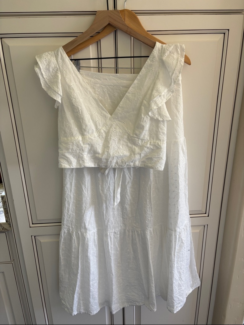 Japna Eyelit Floral Ruffle Lined Skirt Tie Top Set White Feminine Womens Large